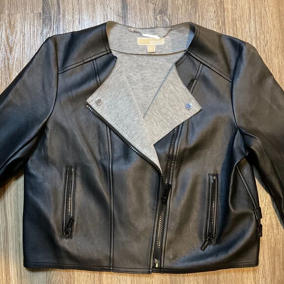 Michael Kors Womens Size XL Black Faux Leather Moto Jacket Coat‎ Lined Pockets - Picture 2 of 12